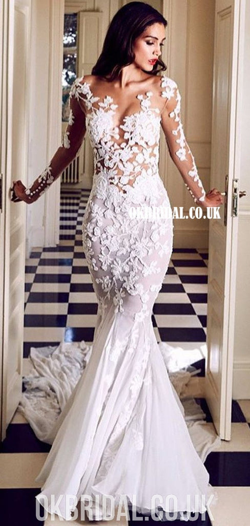 Gorgeous Lace Mermaid Long Sleeves Round Neck Wedding Dresses, FC4688