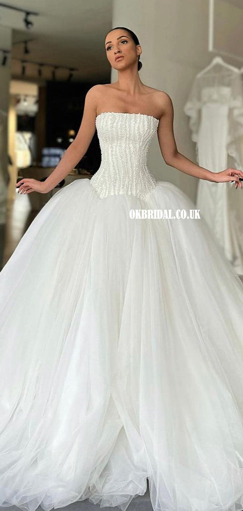 Stunning A-line Straight Neck Pearl-Beaded Wedding Dresses, FC5918