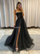 Black Spaghetti Straps Sweetheart A-line Sparkle Prom Dresses, FC7023